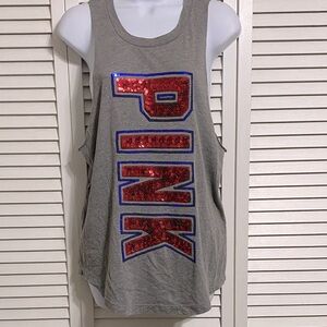 PINK Victoria's Secret Gray Muscle Tee with Red and Blue Sequins